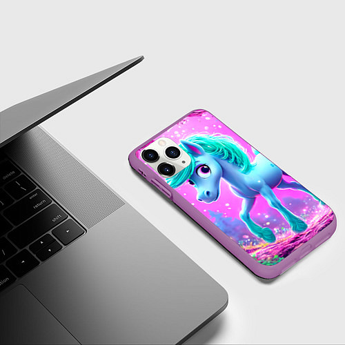 Чехол iPhone 11 Pro матовый Бирюзовая лошадка / 3D-Фиолетовый – фото 3