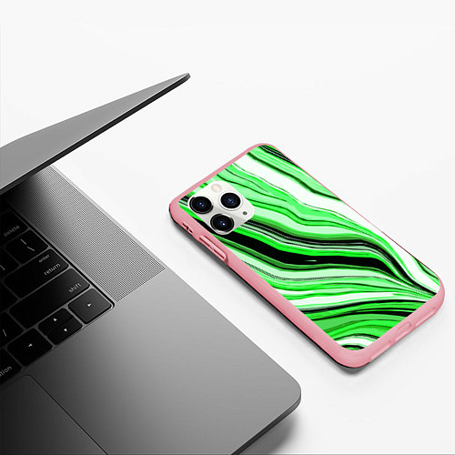 Чехол iPhone 11 Pro матовый Волнистые вертикальные чёрно-зелёные полосы / 3D-Баблгам – фото 3