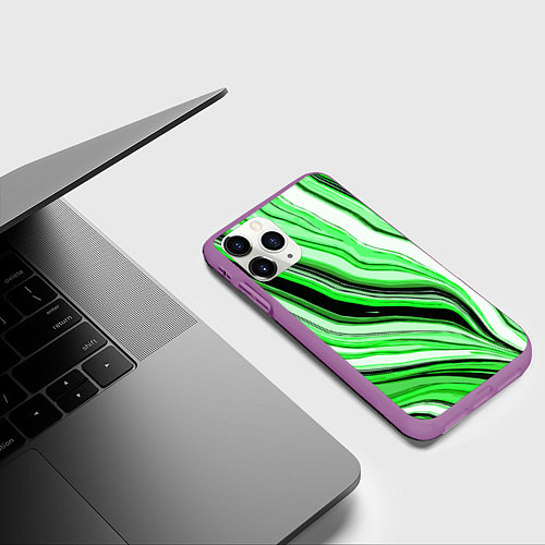 Чехол iPhone 11 Pro матовый Волнистые вертикальные чёрно-зелёные полосы / 3D-Фиолетовый – фото 3