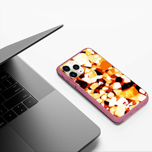 Чехол iPhone 11 Pro матовый Жёлто-белая абстракция на чёрном фоне / 3D-Малиновый – фото 3