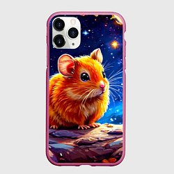 Чехол iPhone 11 Pro матовый Хомяк и космическое небо, цвет: 3D-малиновый