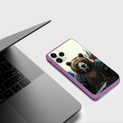 Чехол iPhone 11 Pro матовый Русский воин медведь / 3D-Фиолетовый – фото 3