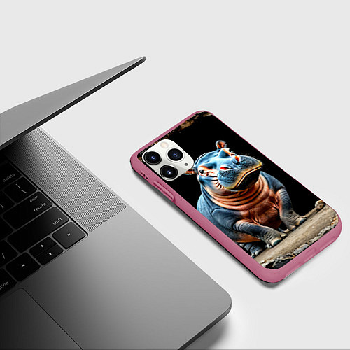 Чехол iPhone 11 Pro матовый Бегемот на черном / 3D-Малиновый – фото 3