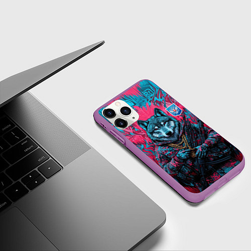 Чехол iPhone 11 Pro матовый Волк с гербом РФ / 3D-Фиолетовый – фото 3