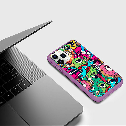 Чехол iPhone 11 Pro матовый Color doodle monsters / 3D-Фиолетовый – фото 3