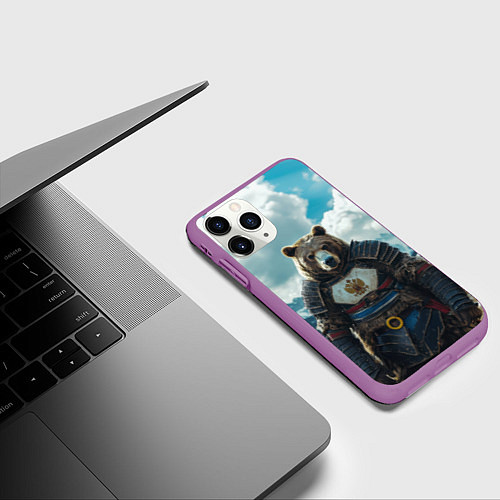Чехол iPhone 11 Pro матовый Воин русский медведь / 3D-Фиолетовый – фото 3
