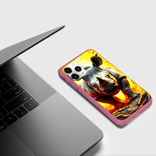 Чехол iPhone 11 Pro матовый Носорог в огне / 3D-Малиновый – фото 3