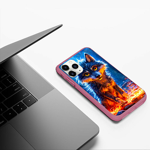 Чехол iPhone 11 Pro матовый Волк искры под лапами / 3D-Малиновый – фото 3