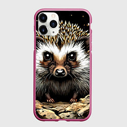 Чехол iPhone 11 Pro матовый Ёжик на черном, цвет: 3D-малиновый