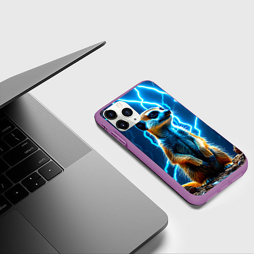 Чехол iPhone 11 Pro матовый Сурикат в разрядах молний / 3D-Фиолетовый – фото 3