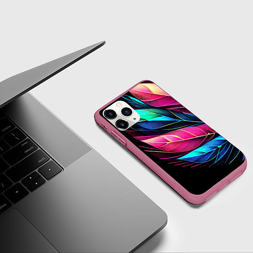 Чехол iPhone 11 Pro матовый Букет из цветных перьев - неон / 3D-Малиновый – фото 3