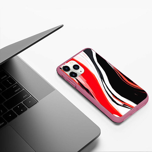 Чехол iPhone 11 Pro матовый Чёрно-красные абстрактные вертикальные линии на бе / 3D-Малиновый – фото 3