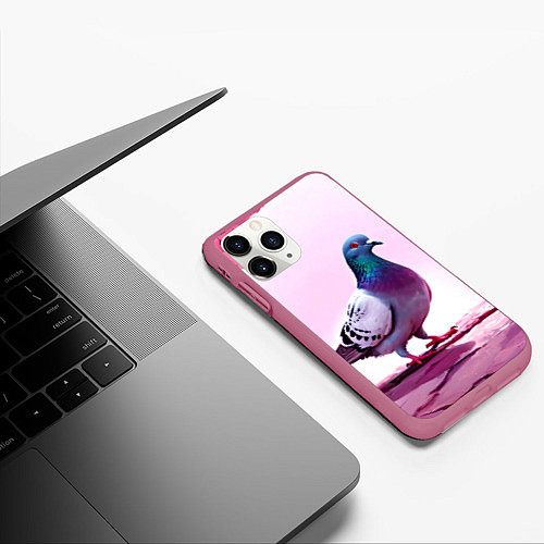 Чехол iPhone 11 Pro матовый Голубь в розовом / 3D-Малиновый – фото 3