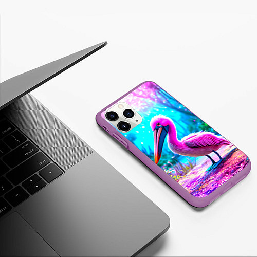 Чехол iPhone 11 Pro матовый Пеликан в сказачном лесу / 3D-Фиолетовый – фото 3