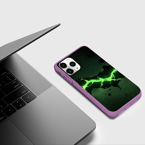 Чехол iPhone 11 Pro матовый Неоновая плита с зеленым разломом / 3D-Фиолетовый – фото 3
