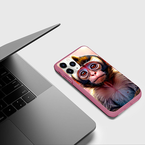 Чехол iPhone 11 Pro матовый Обезьянка в норке / 3D-Малиновый – фото 3