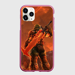 Чехол iPhone 11 Pro матовый Палач рока и башня Doom, цвет: 3D-малиновый