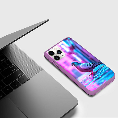 Чехол iPhone 11 Pro матовый Голубь в ярком городе / 3D-Фиолетовый – фото 3