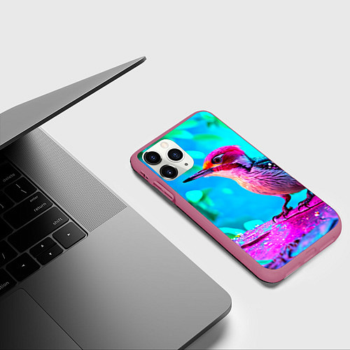 Чехол iPhone 11 Pro матовый Дятел и яркий пейзаж / 3D-Малиновый – фото 3