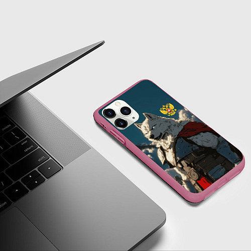 Чехол iPhone 11 Pro матовый Волк русский воин / 3D-Малиновый – фото 3