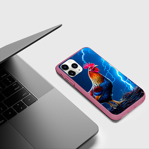Чехол iPhone 11 Pro матовый Петух и молния / 3D-Малиновый – фото 3