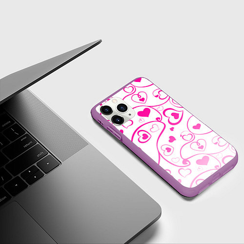 Чехол iPhone 11 Pro матовый Узорные сердца / 3D-Фиолетовый – фото 3