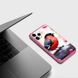 Чехол iPhone 11 Pro матовый Снегирь в цветах, цвет: 3D-малиновый — фото 2
