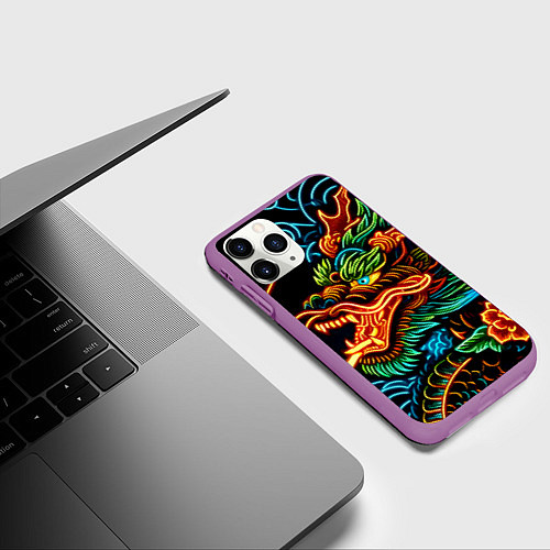 Чехол iPhone 11 Pro матовый Japanese neon dragon - irezumi / 3D-Фиолетовый – фото 3