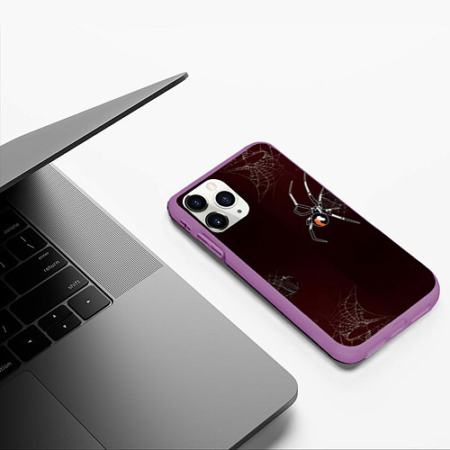Чехол iPhone 11 Pro матовый Паук тарантул на паутине / 3D-Фиолетовый – фото 3