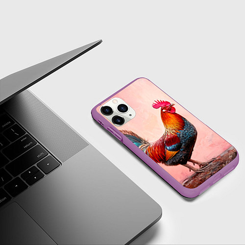 Чехол iPhone 11 Pro матовый Петух на розовом / 3D-Фиолетовый – фото 3
