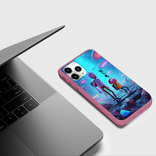 Чехол iPhone 11 Pro матовый Рик и Морти на планете неоновых грибов - нейроарт / 3D-Малиновый – фото 3