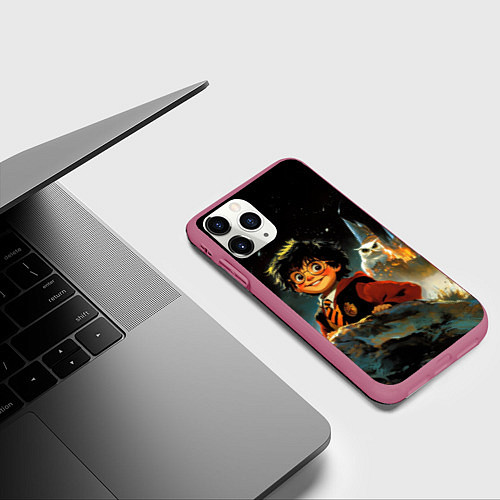 Чехол iPhone 11 Pro матовый Гарри Поттер на фоне замка / 3D-Малиновый – фото 3