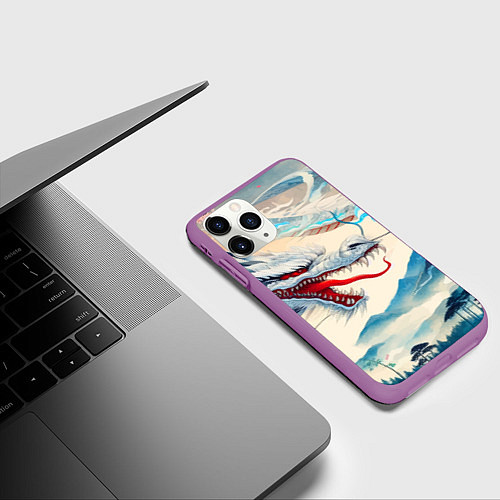 Чехол iPhone 11 Pro матовый Дракон на фоне японского пейзажа / 3D-Фиолетовый – фото 3