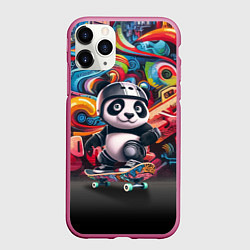 Чехол iPhone 11 Pro матовый Панда - крутой скейтбордист на фоне граффити, цвет: 3D-малиновый