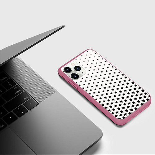 Чехол iPhone 11 Pro матовый Градиент черных звезд на белом / 3D-Малиновый – фото 3