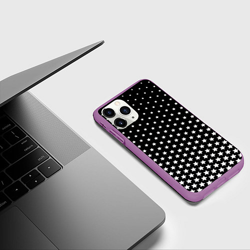 Чехол iPhone 11 Pro матовый Градиент белых звезд на черном / 3D-Фиолетовый – фото 3