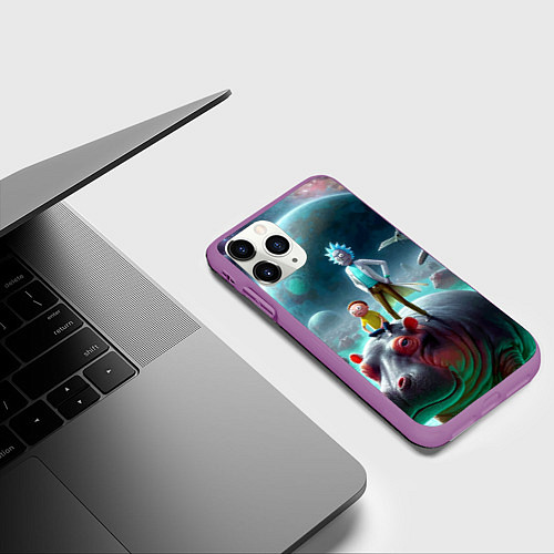 Чехол iPhone 11 Pro матовый Рик и Морти сидят на бегемоте - нейроарт фантазия / 3D-Фиолетовый – фото 3
