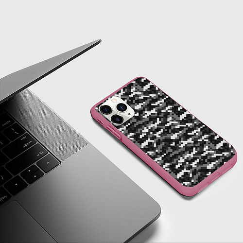 Чехол iPhone 11 Pro матовый Серая пиксельная текстура / 3D-Малиновый – фото 3