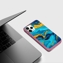 Чехол iPhone 11 Pro матовый Синяя абстракция с золотым, цвет: 3D-малиновый — фото 2