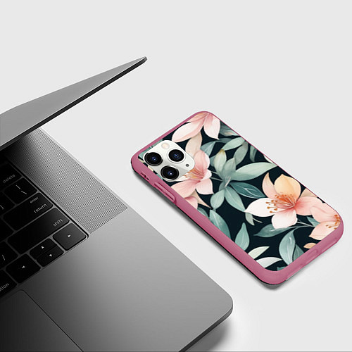 Чехол iPhone 11 Pro матовый Цветочный паттерн / 3D-Малиновый – фото 3