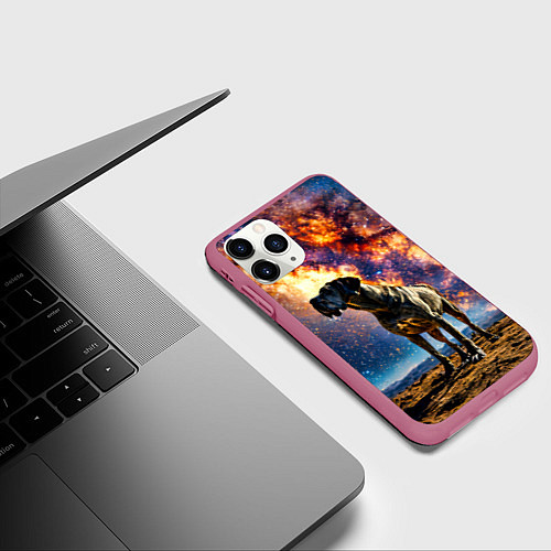 Чехол iPhone 11 Pro матовый Немецкий дог и космическое небо / 3D-Малиновый – фото 3