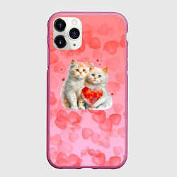Чехол iPhone 11 Pro матовый Котята и сердечки, цвет: 3D-малиновый