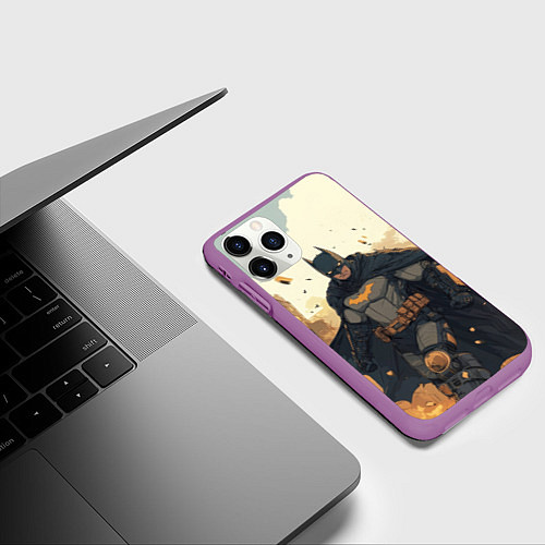 Чехол iPhone 11 Pro матовый Бэтмен и разрушенный город / 3D-Фиолетовый – фото 3