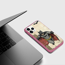 Чехол iPhone 11 Pro матовый Бэтмен летит между домами, цвет: 3D-малиновый — фото 2