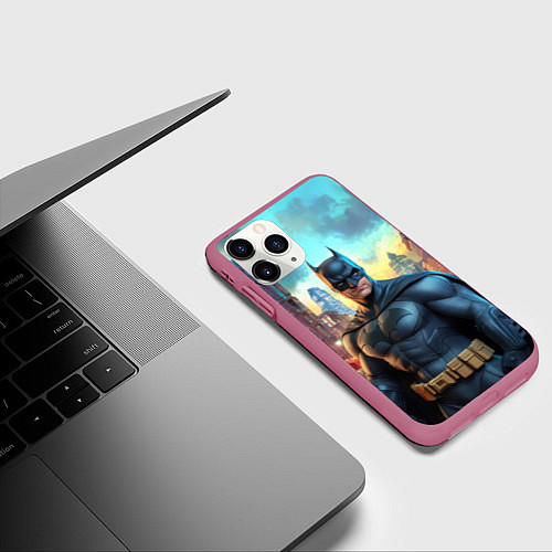 Чехол iPhone 11 Pro матовый Бэтмен неоновый город / 3D-Малиновый – фото 3