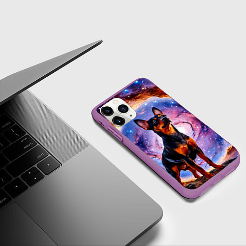 Чехол iPhone 11 Pro матовый Пинчер в космосе / 3D-Фиолетовый – фото 3