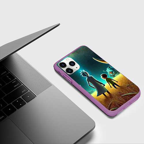 Чехол iPhone 11 Pro матовый Морти и Рик на планете носорогов - неоновое свечен / 3D-Фиолетовый – фото 3