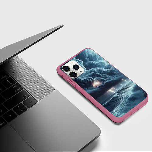 Чехол iPhone 11 Pro матовый Шторм на море - сверкание молний / 3D-Малиновый – фото 3