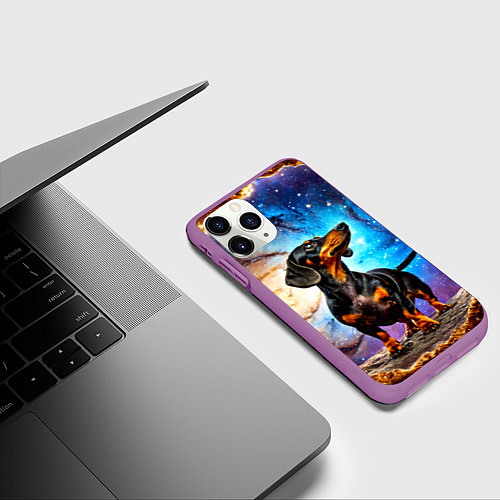 Чехол iPhone 11 Pro матовый Такса в космосе / 3D-Фиолетовый – фото 3