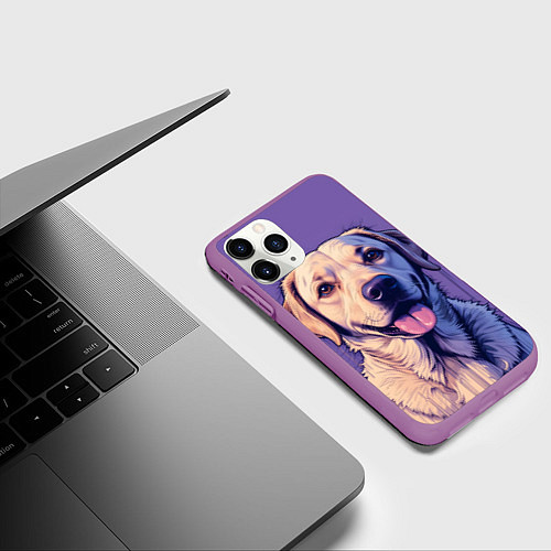 Чехол iPhone 11 Pro матовый Лабрадор на фиолетовом фоне / 3D-Фиолетовый – фото 3